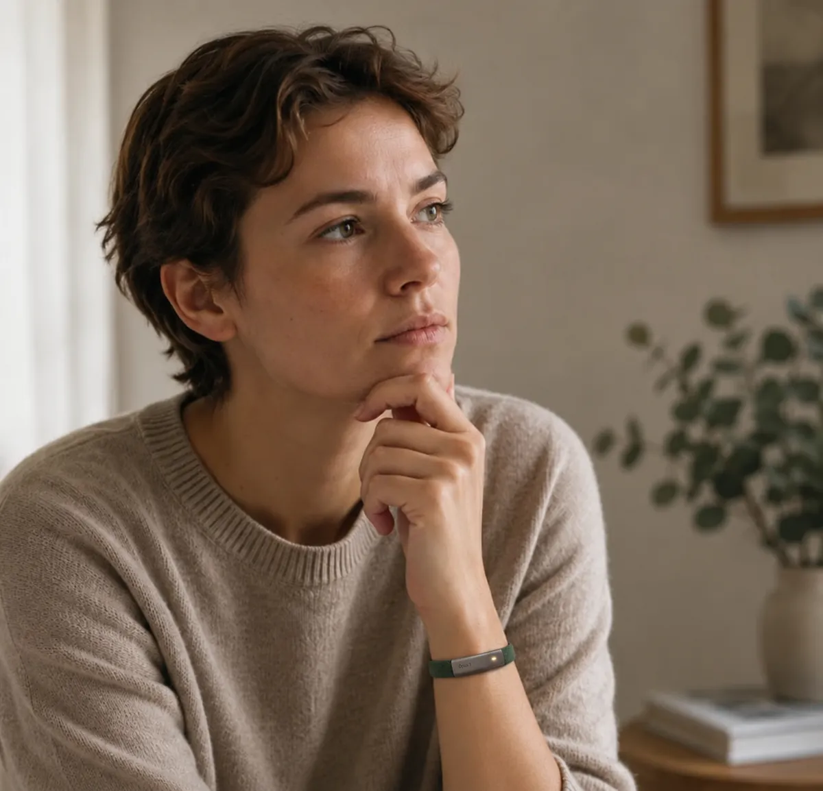 A woman wearing nagome while reflecting on an idea